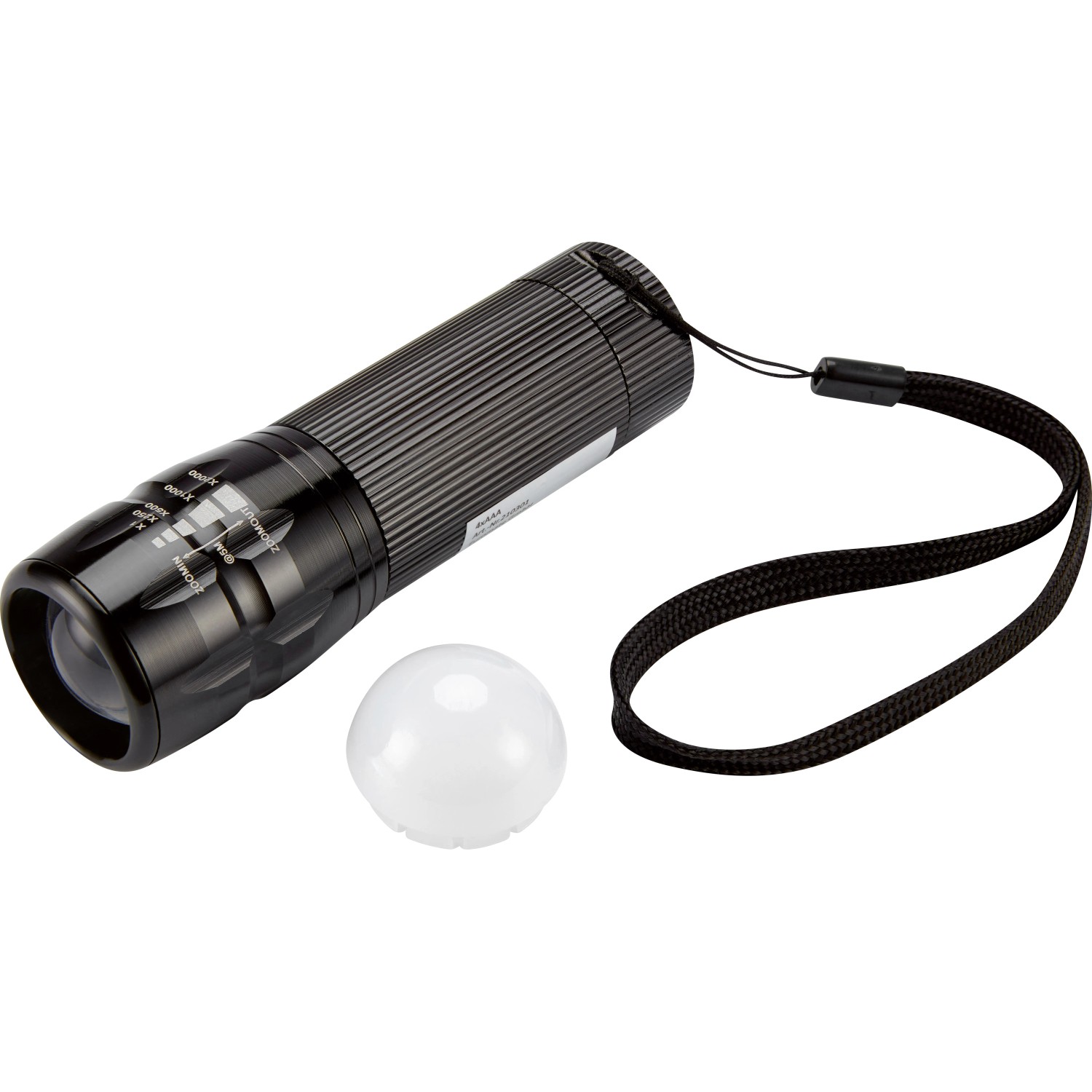 Schwarze LED Taschenlampe mit Handschlaufe und Diffusor für Werkstatt & Freizeit.