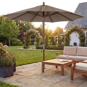 Taupe runder Polyester-Ersatzbezug für Holz-Sonnenschirm (Ø3m) im Garten. UV-Schutz, wasserabweisend.