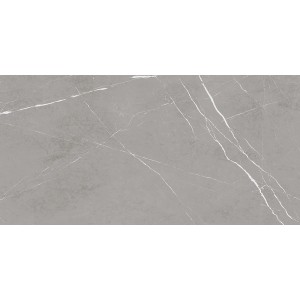 Graue Feinsteinzeug Bodenfliese, 60x120 cm, mit polierter Oberfläche und Marmorierung.