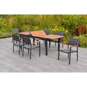 Merxx Gartenmöbel-Set Paxos, 7-teilig mit Ausziehtisch und 6 Stapelsesseln aus Aluminium und Akazienholz.