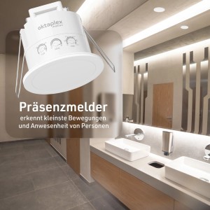 Weißer Oktaplex Noa Präsenzmelder 360 Grad für Deckenmontage, mit Reglern, in modernem Bad. Ideal für Lampen & Leuchten.