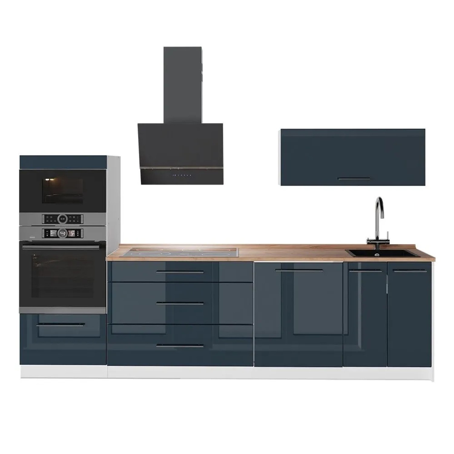 Vicco Küchenzeile Fame-Line Dunkelblau Hochglanz/Weiß 280 x 154 AP Eiche Art Nr 64725