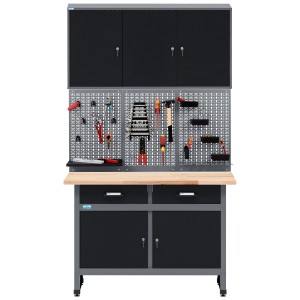Küpper Werkbank-Set, 3-teilig, 1,20 m, schwarz-hellgrau, mit Werkbank, Hängeschrank und Lochwand.