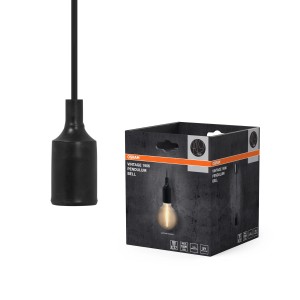 Osram LED-Pendelleuchte E27 PenduLum Bell, schwarze Fassung und Produktverpackung.