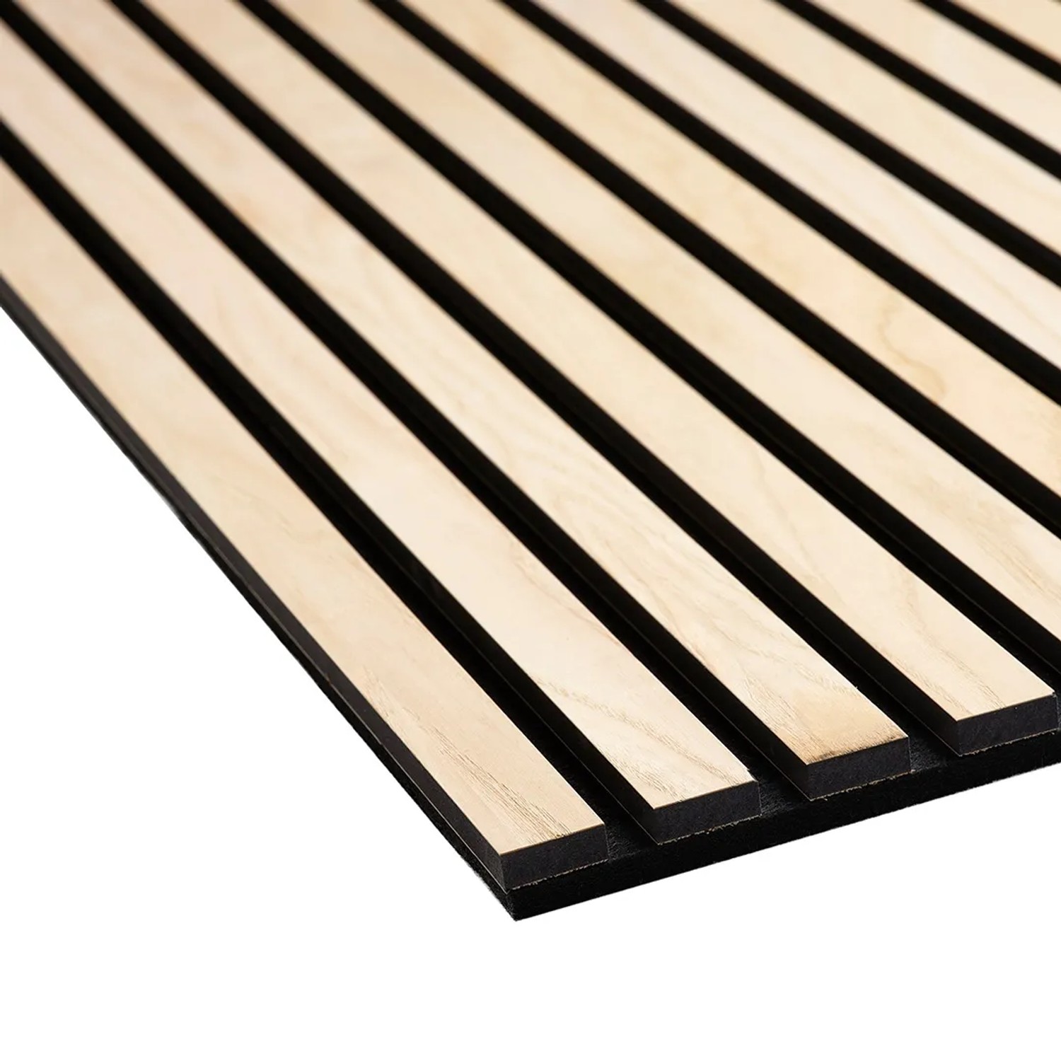 Akustikpaneel Esche/Schwarz: MDF-Holzpaneel mit schwarzem Filz für Wand- und Deckenverkleidung.