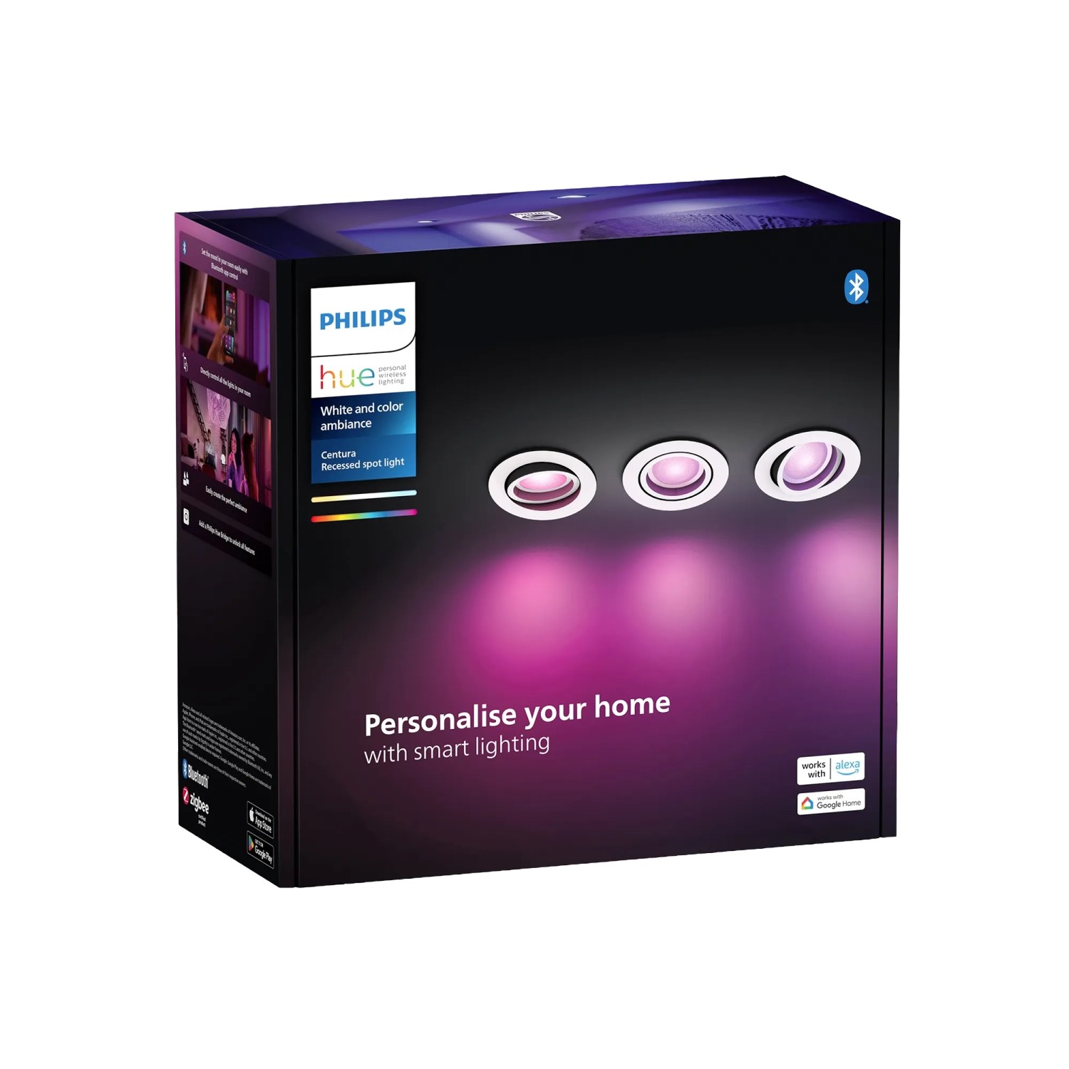 Verpackung der Philips Hue Centura Einbauspots, 3er-Pack, mit farbiger Beleuchtung.