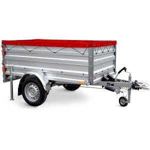 Stema Anhängerset Variolux 850 gebremst mit Bordwandaufsatz und roter Flachplane.