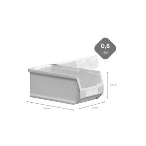 Graue Sichtlagerbox 2.0 (0,8L) mit Abdeckung, Teil eines 40er Sets für Aufbewahrungssysteme.