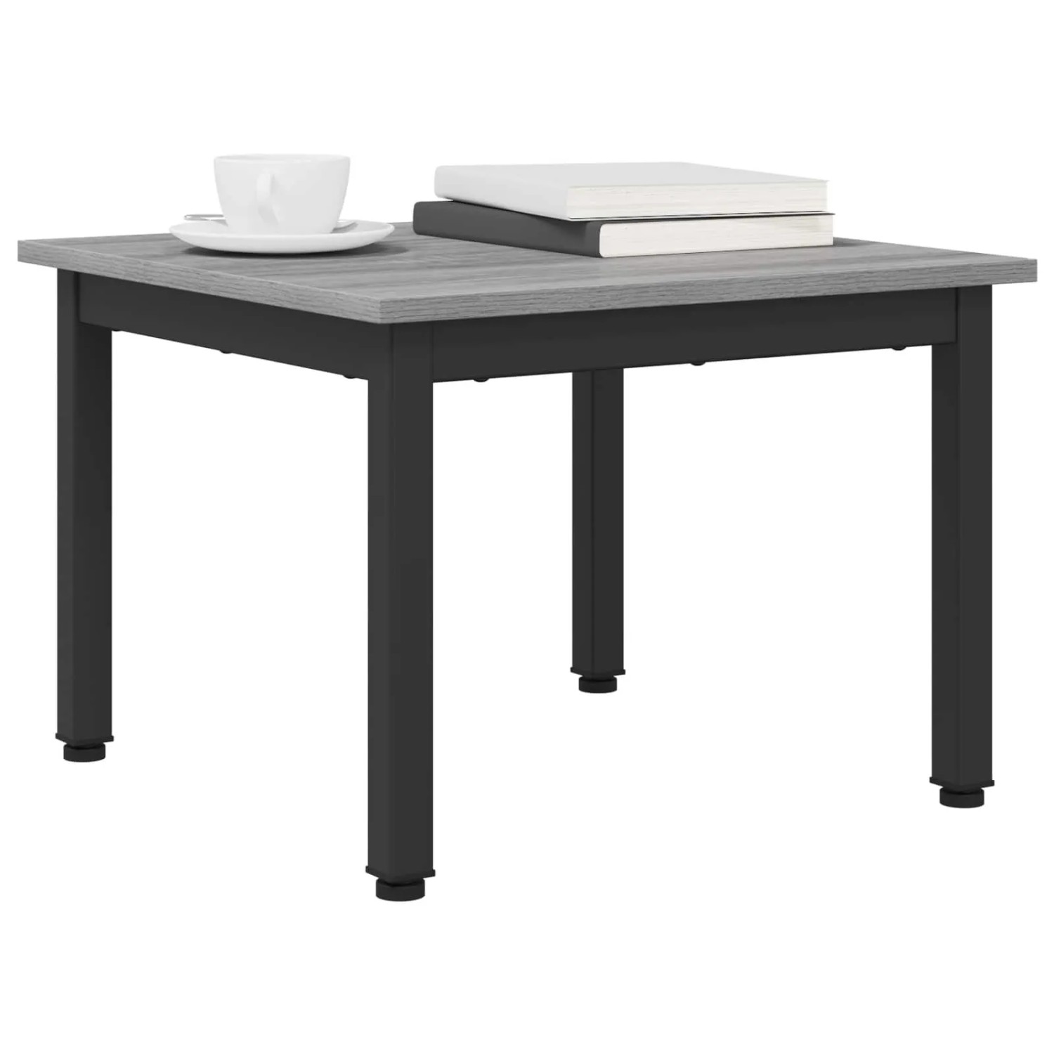 Rechteckiger Couchtisch Sonoma Grau, Holzwerkstoff, schwarze Metallbeine. Mit Tasse und Büchern. Modern.