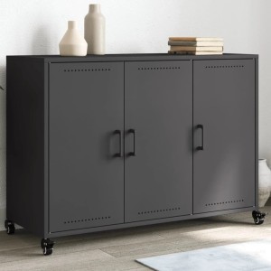 Schwarzes vidaXL Sideboard aus Stahl, 100,5x39x72 cm, mit 3 Türen und Rollen.