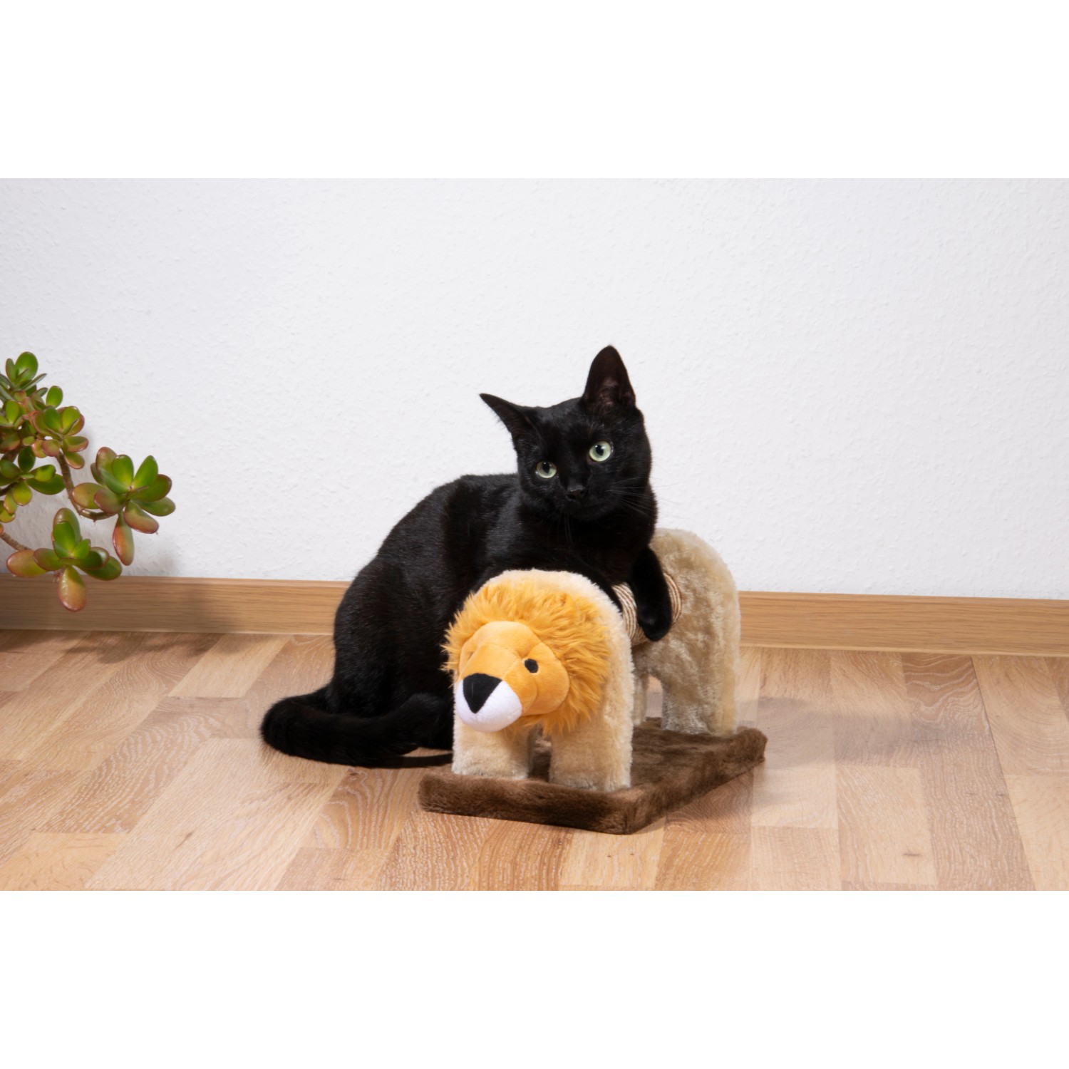 Schwarze Katze auf Dobar 3er-Set Kratztiere (Zebra, Elefant, Löwe) aus Sisal und Plüsch.