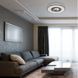 Moderne LED-Deckenleuchte Sundi von Globo, weiß/graphit, Ø 50 cm im Wohnraum.