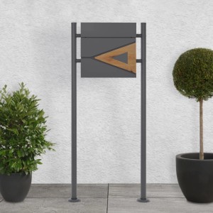 ML-Design Standbriefkasten in Anthrazit mit Holzoptik und Zeitungsfach auf anthrazitfarbenem Pfosten.