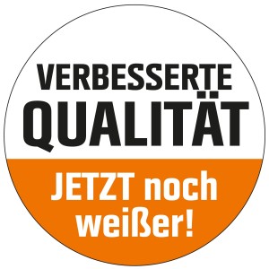 Aufkleber: Verbesserte Qualität der OBI Fassadenweiss Aussenfarbe, jetzt noch weißer.