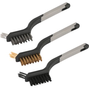 Drahtbürstenset, 3-teilig: Stahl-, Messing- und Polyamidbürste mit Kunststoffgriff zum Reinigen und Polieren.