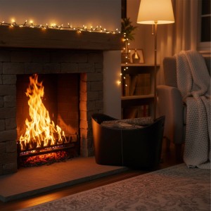 Schwarzer Kaminholzkorb aus Kunstleder mit Holzscheiten neben brennendem Kamin im Wohnzimmer.