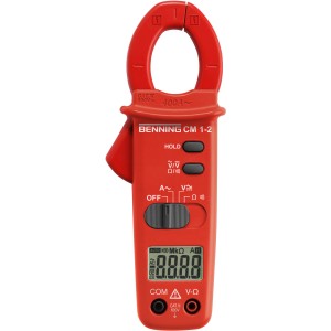 Rotes Benning Stromzangen-Multimeter zur Messung von Strom, Spannung und Widerstand.