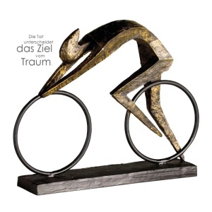 Bronzefarbene Skulptur "Racer" als stilisierter Radfahrer auf Fahrrad, aus Kunstharz/Metall, auf Sockel.