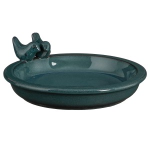 Blaue Mica Decorations Vogeltränke aus Keramik, Ø 30 cm, mit Vogel-Dekor.