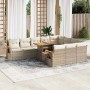 Beige 11-tlg. Garten-Sofagarnitur aus Poly Rattan mit Akazientisch und Kissen.