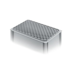 Graue PROREGAL Eurobox (70 Liter) mit offenem Griff und Gitterdeckel, ideal zur Aufbewahrung und als Transportbox.