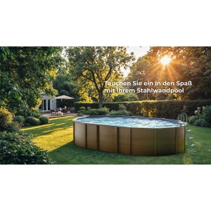Ovaler Gre Pool Amazonia mit Holzoptik im Garten, inklusive Leiter.