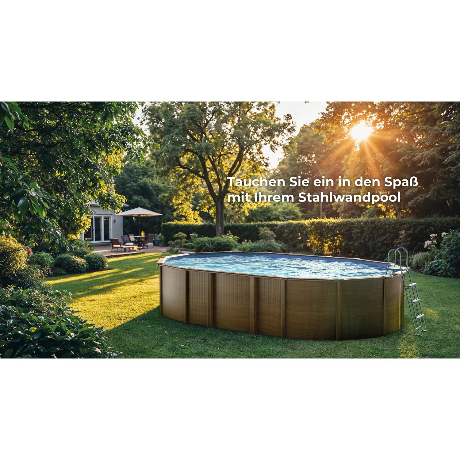 Ovaler Gre Pool Amazonia mit Holzoptik im Garten, inklusive Leiter.