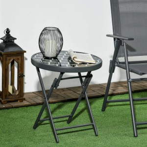 Schwarzer klappbarer Outsunny Metall-Beistelltisch mit runder, gemusterter Glasplatte für Garten & Balkon.