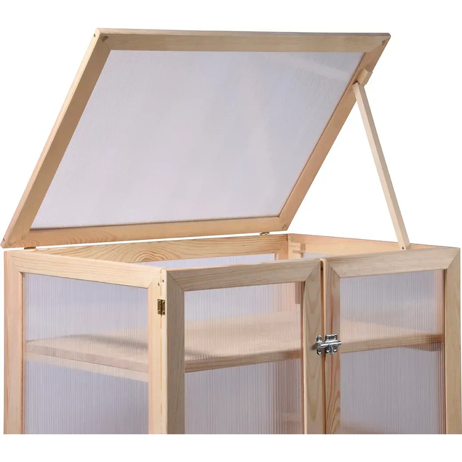 Dobar Anzuchtschrank Dome, großes Indoor Gewächshaus aus FSC®-Holz mit geöffnetem Deckel.
