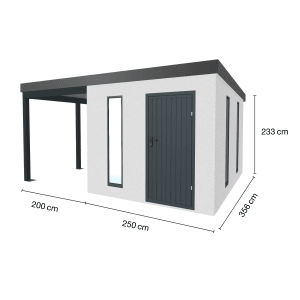 Weißes Amazing Spaces Gartenhaus Urban One Typ 6 mit Überdachung links, 250x356 cm.