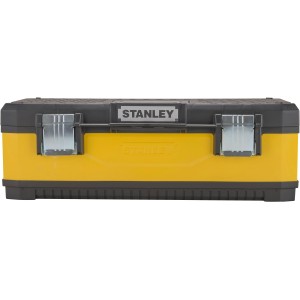 Gelb-graue Stanley Werkzeugbox, 26 Zoll, mit Metallverschlüssen.