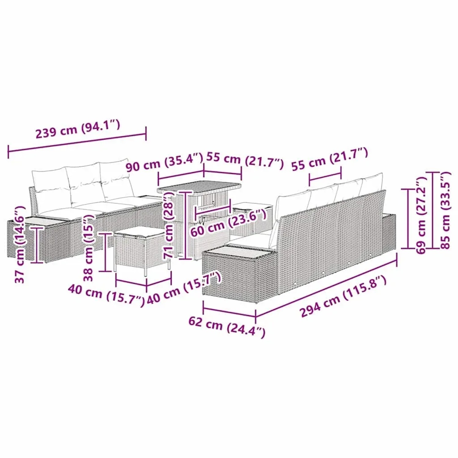 Graues 10-tlg. vidaXL Garten-Sofa-Set aus Poly Rattan mit Tisch und Kissen. Gartenmöbel für Terrasse und Garten.