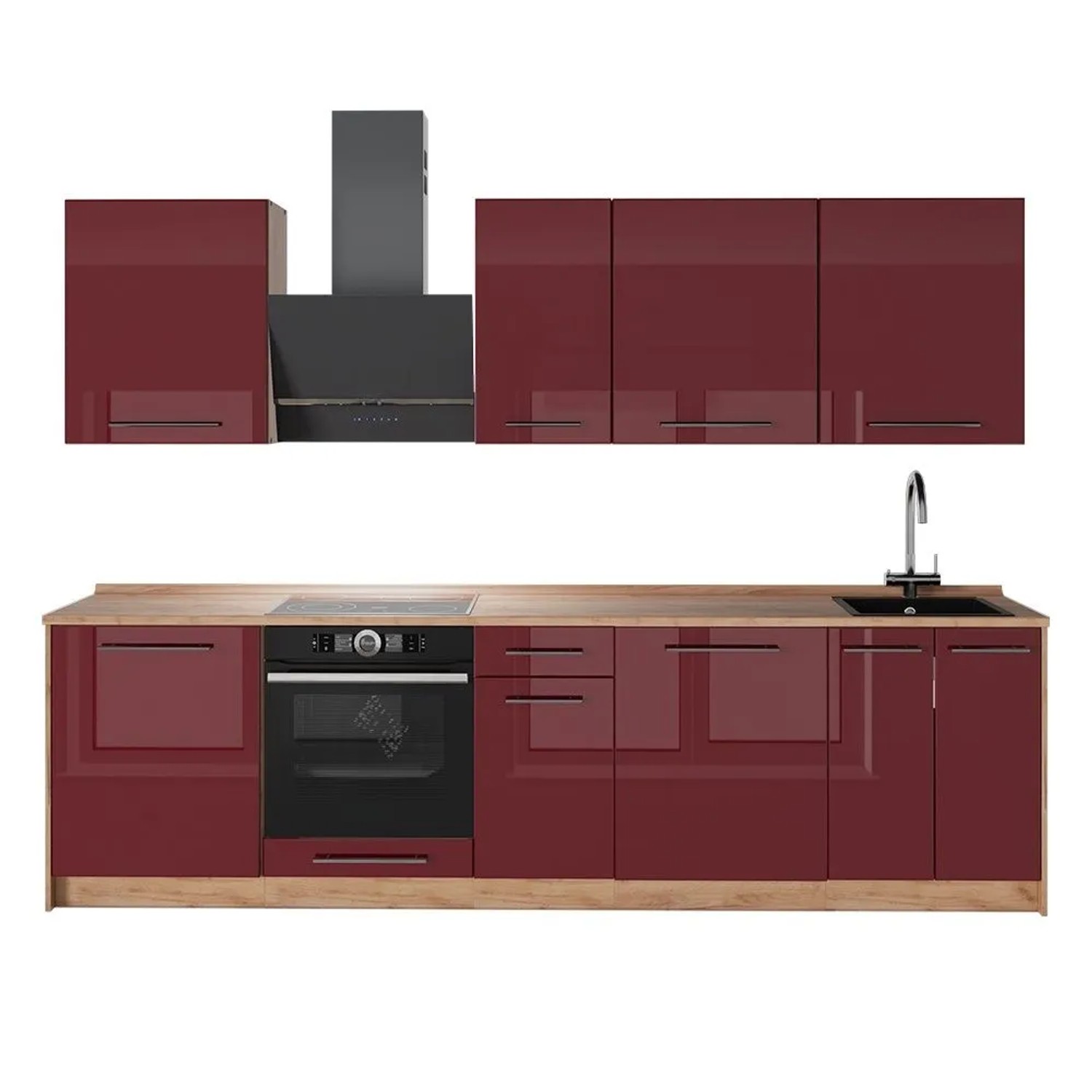 Vicco Küchenzeile Fame-Line Bordeaux Hochglanz/Goldkraft Eiche 280 x 82 AP Eiche Art Nr 64205