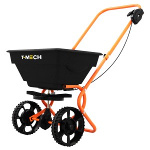Monstershop 25L Streuwagen für Saatgut, Dünger oder Salz, mit orangem Rahmen und schwarzem Behälter.