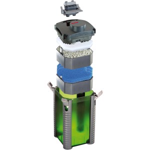 Eheim EXperience 250 Aquarium Filter, zerlegt mit Filtermedien. Leiser Außenfilter für Aquarien.