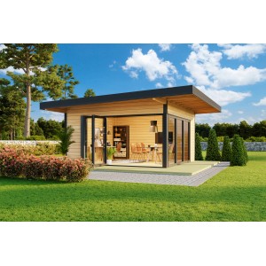 Lasita Maja Ferienhaus Domeo 9, naturbelassenes Holz mit großen Glasfronten und offenem Innenraum.