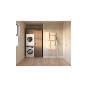 Waschturm Slimline 3.4 in Natur Eiche-Optik mit Waschmaschine, Trockner und Hochschrank als Badmöbel-Set.