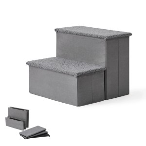 Graue faltbare Hundetreppe mit 2 Stufen aus Polyester, ideal als Aufstiegshilfe für Haustiere. Mit Stauraum.