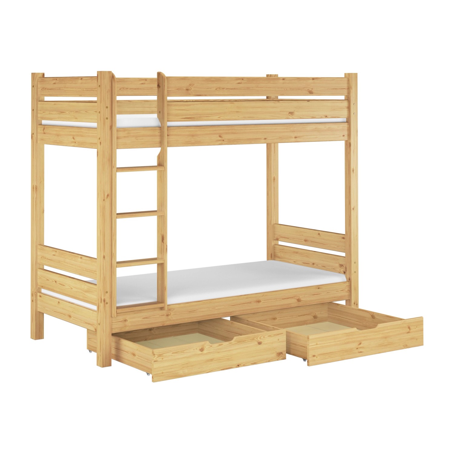 Breites Etagenbett aus Kiefernholz mit Leiter und zwei Schubladen. Robustes Massivholzbett für Kinder und Erwachsene.