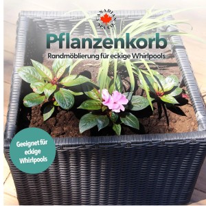 Brauner Canadian Spa Pflanzenkorb aus Rattan für Whirlpools, bepflanzt mit Blumen und Gräsern.