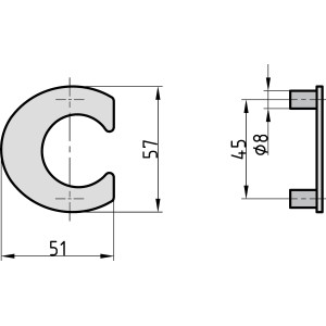 Technische Zeichnung: Basi Hausnummer Buchstabe C, Stahl Anthrazit, Maße 57x51mm, Türbeschlag.