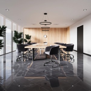 Verlegtes Feinsteinzeug Opus, 60x60 cm, Noce, polierte Oberfläche im modernen Büro.