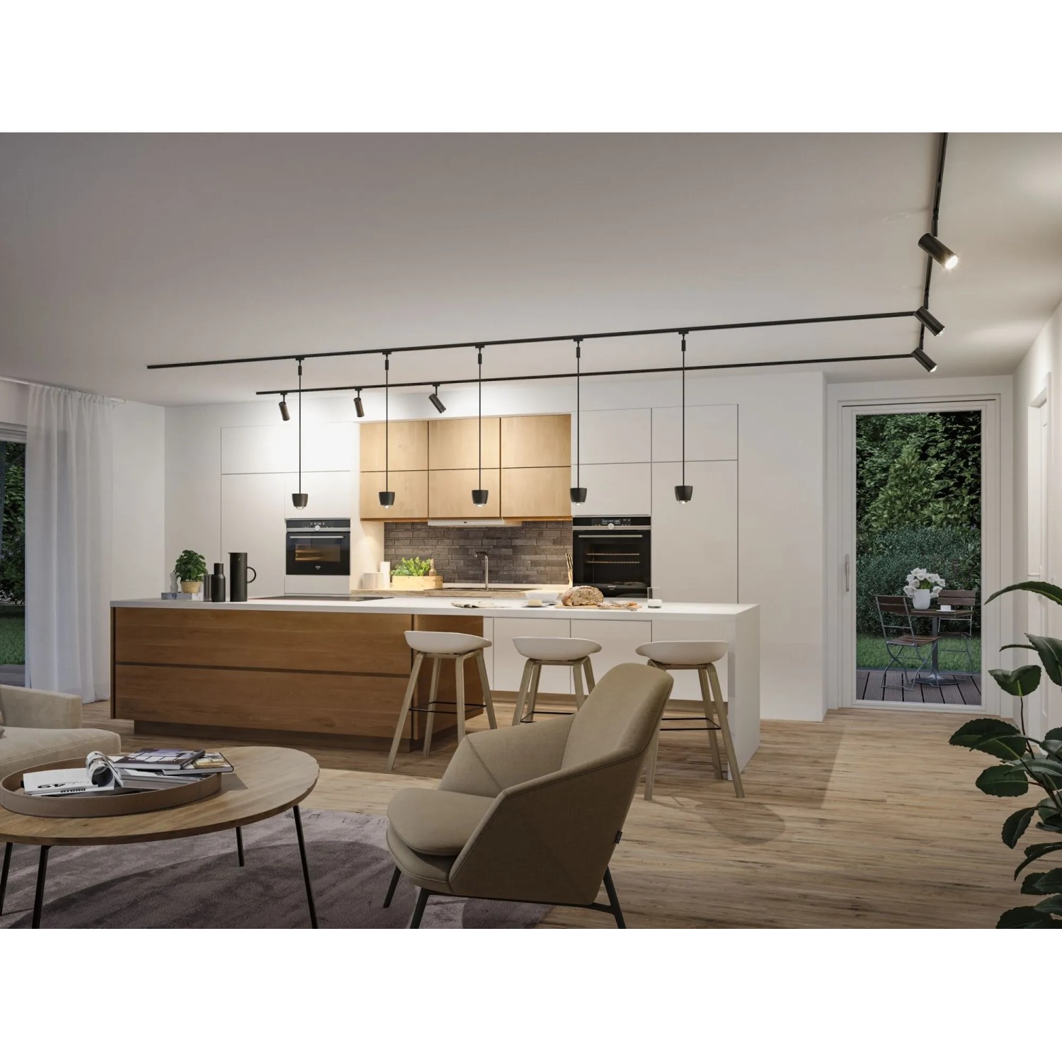 Paulmann Tarie URail LED-Schienensystem: schwarze, dimmbare Smart Home Spots in moderner Küche.