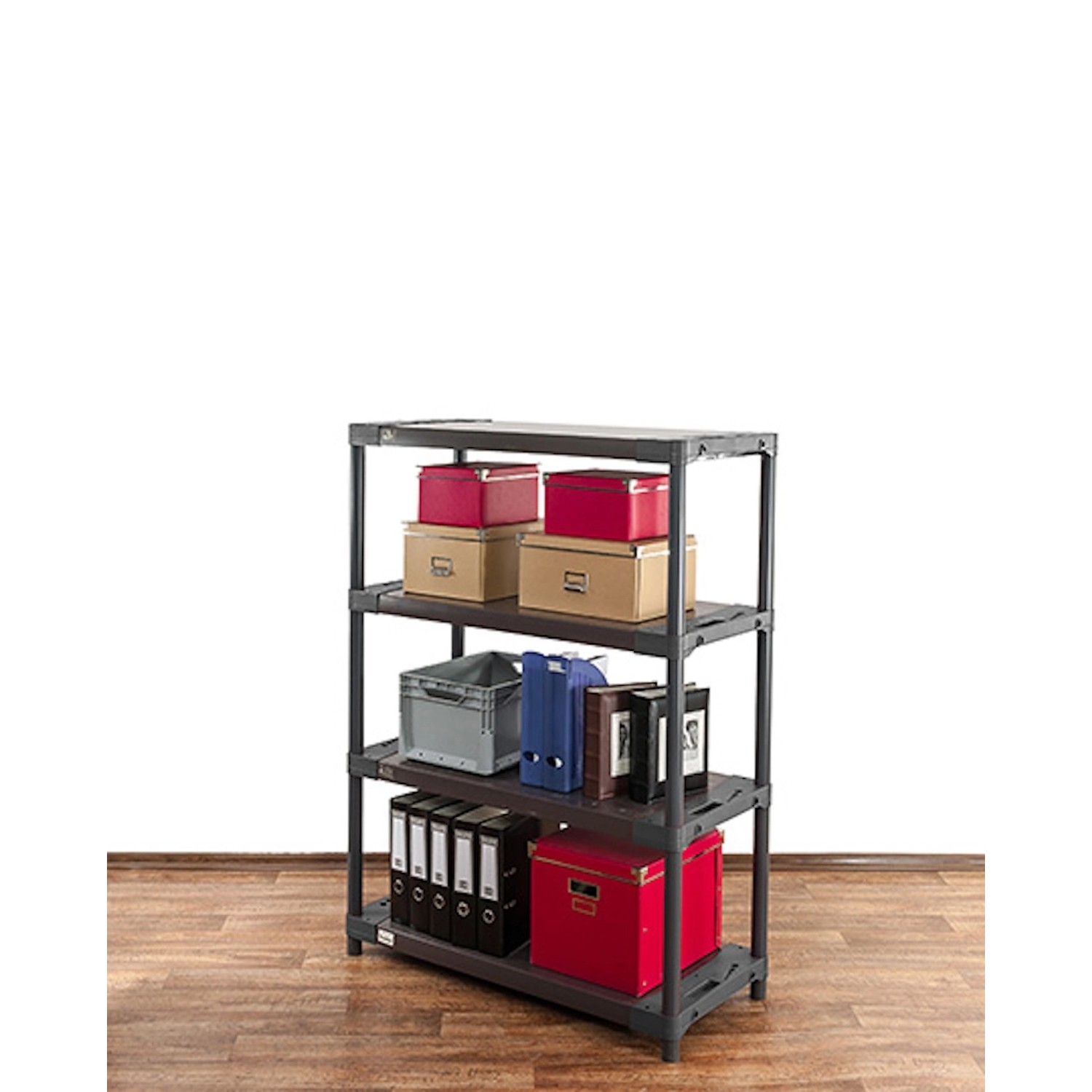 Graues PROREGAL Kunststoffregal Big Grey Bear mit vier Böden, beladen mit Boxen und Ordnern.