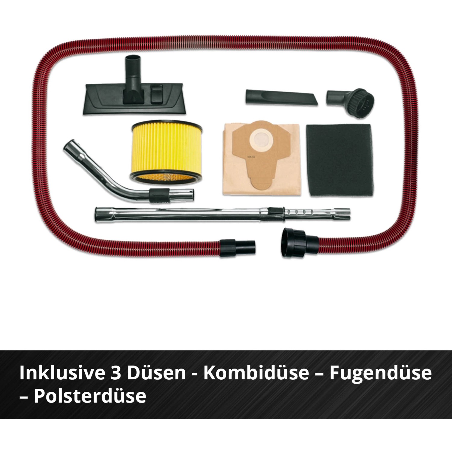 Zubehör für Einhell Akku-Nass-Trockensauger: Düsen, Filter, Schlauch und Saugrohre.