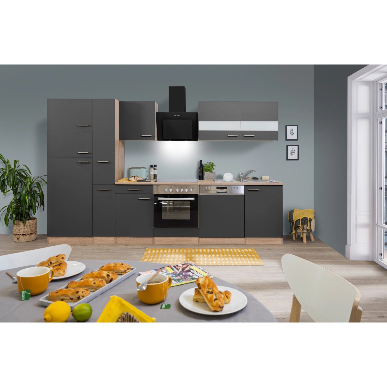 Respekta Küchenzeile/Küchenblock KB310ESGCGKE 310 cm Grau-Eiche Sägerau Nachbildung