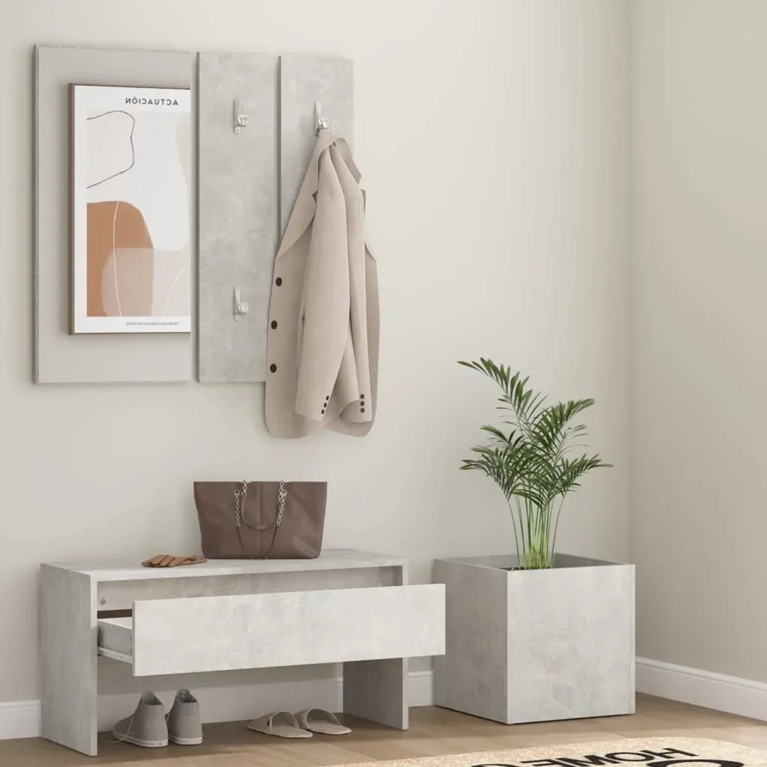 vidaXL Flurmöbel-Set Betongrau: Bank, Spiegel, Garderobe und Pflanzgefäß aus Holzwerkstoff.