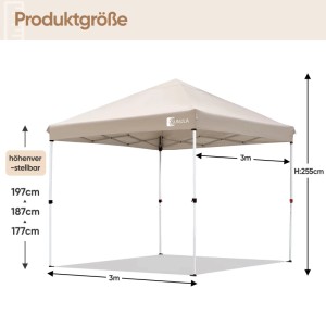Beiger Sunula Faltpavillon 3x3m mit höhenverstellbarem Gestell. Wasserdichter Pop Up Gartenpavillon für Sonnenschutz.