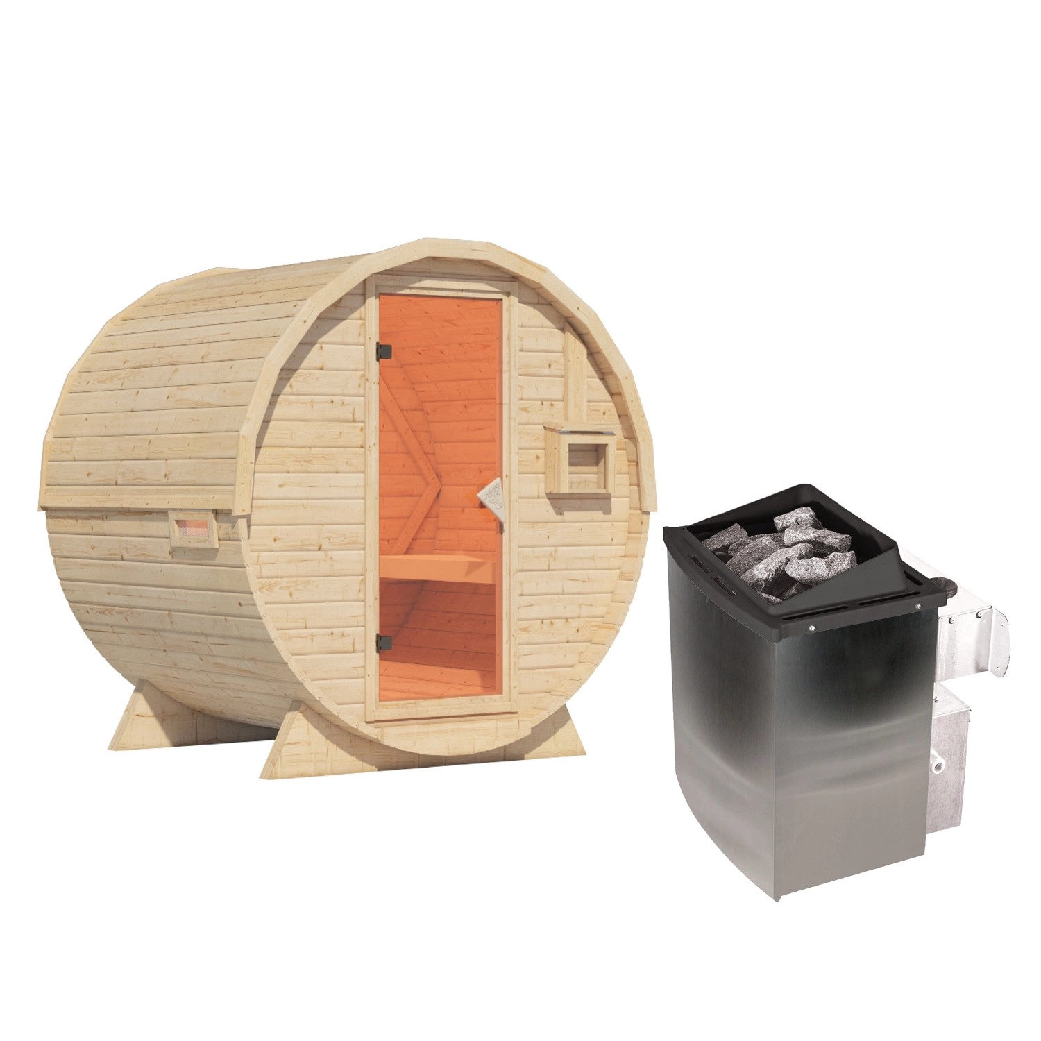 Karibu Fass-Sauna 1 Set Naturbelassen mit Ofen 9 kW integr. Steuerung