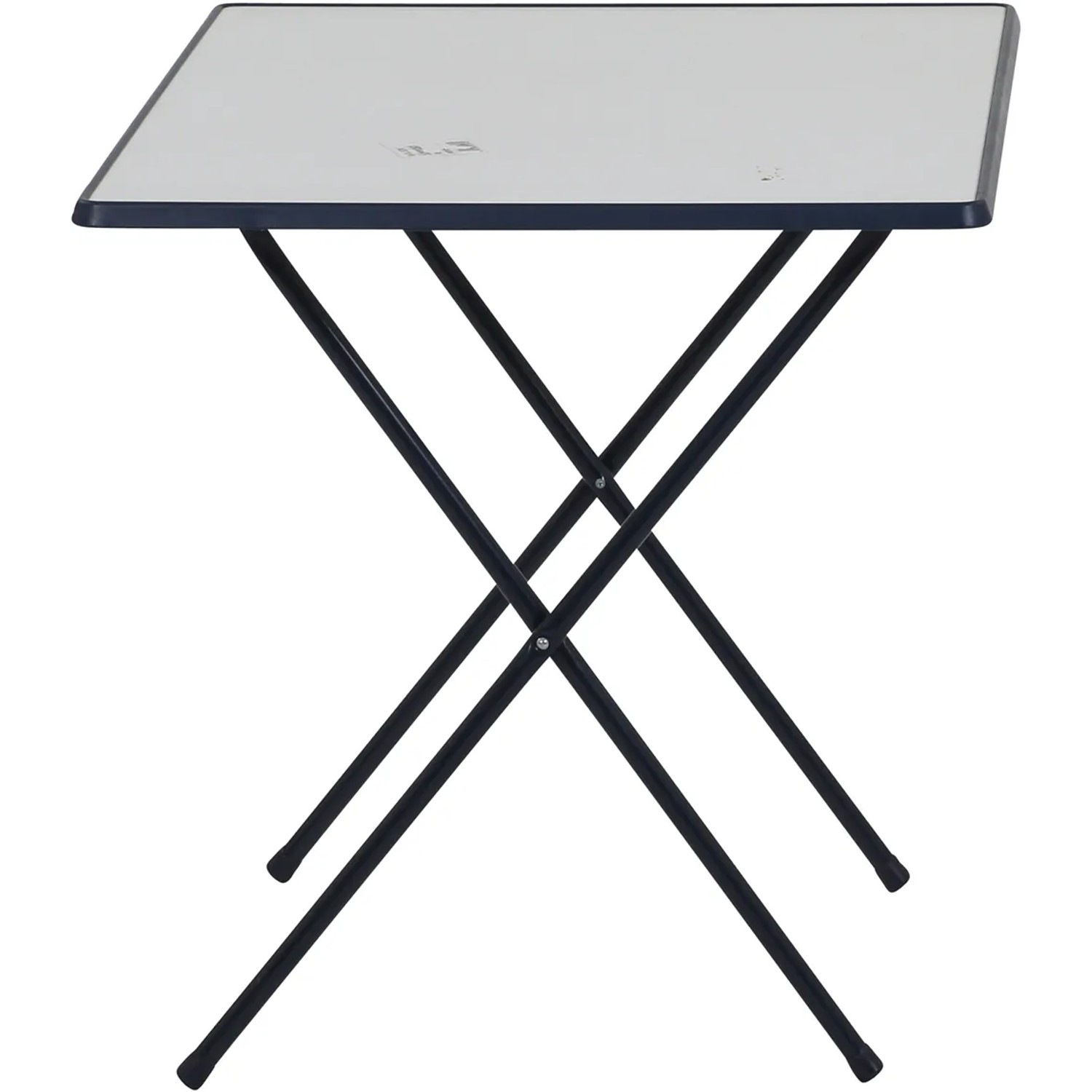 Blauer MFG Campingtisch Scherentisch, 80x60x64 cm, mit weißer Tischplatte. Kompakt klappbar.